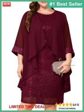Plus Size Sequin Midi Dress with Chiffon Jacket Two-Piece Set Formal Wedding